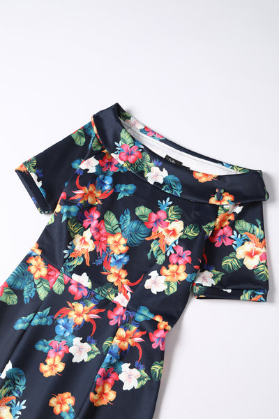 PRE-ORDER Valerie Fitted Off-the-Shoulder Vintage Dress in Black Hibiscus Print