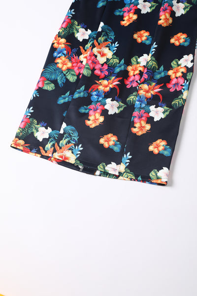 PRE-ORDER Valerie Fitted Off-the-Shoulder Vintage Dress in Black Hibiscus Print