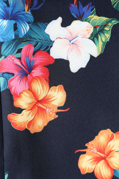 PRE-ORDER Valerie Fitted Off-the-Shoulder Vintage Dress in Black Hibiscus Print
