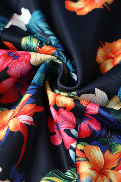 PRE-ORDER Valerie Fitted Off-the-Shoulder Vintage Dress in Black Hibiscus Print