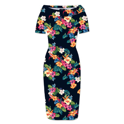 PRE-ORDER Valerie Fitted Off-the-Shoulder Vintage Dress in Black Hibiscus Print