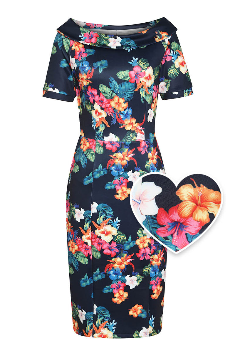 PRE-ORDER Valerie Fitted Off-the-Shoulder Vintage Dress in Black Hibiscus Print