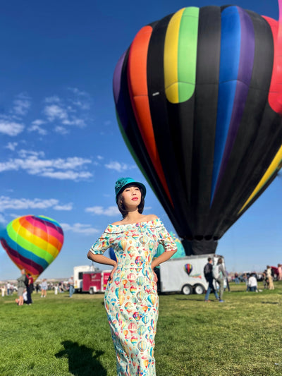 PRE ORDER Valerie Fitted Off-the-Shoulder Vintage Dress in Hot Air Balloon Festival Print