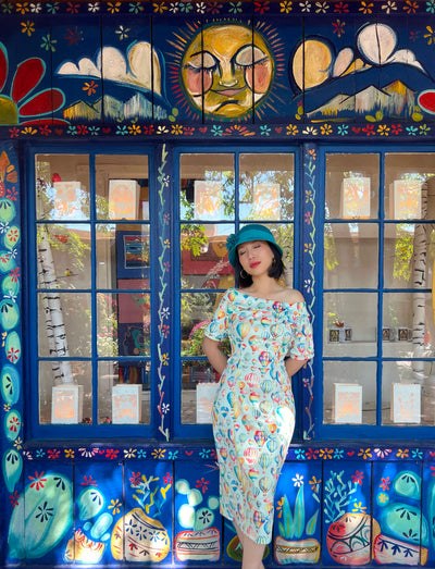 PRE ORDER Valerie Fitted Off-the-Shoulder Vintage Dress in Hot Air Balloon Festival Print