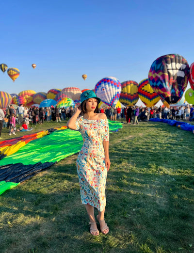 PRE ORDER Valerie Fitted Off-the-Shoulder Vintage Dress in Hot Air Balloon Festival Print