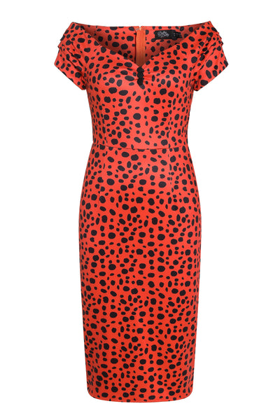 Lily Fitted Off-the-Shoulder Vintage Dress in Red/Black Polka Print
