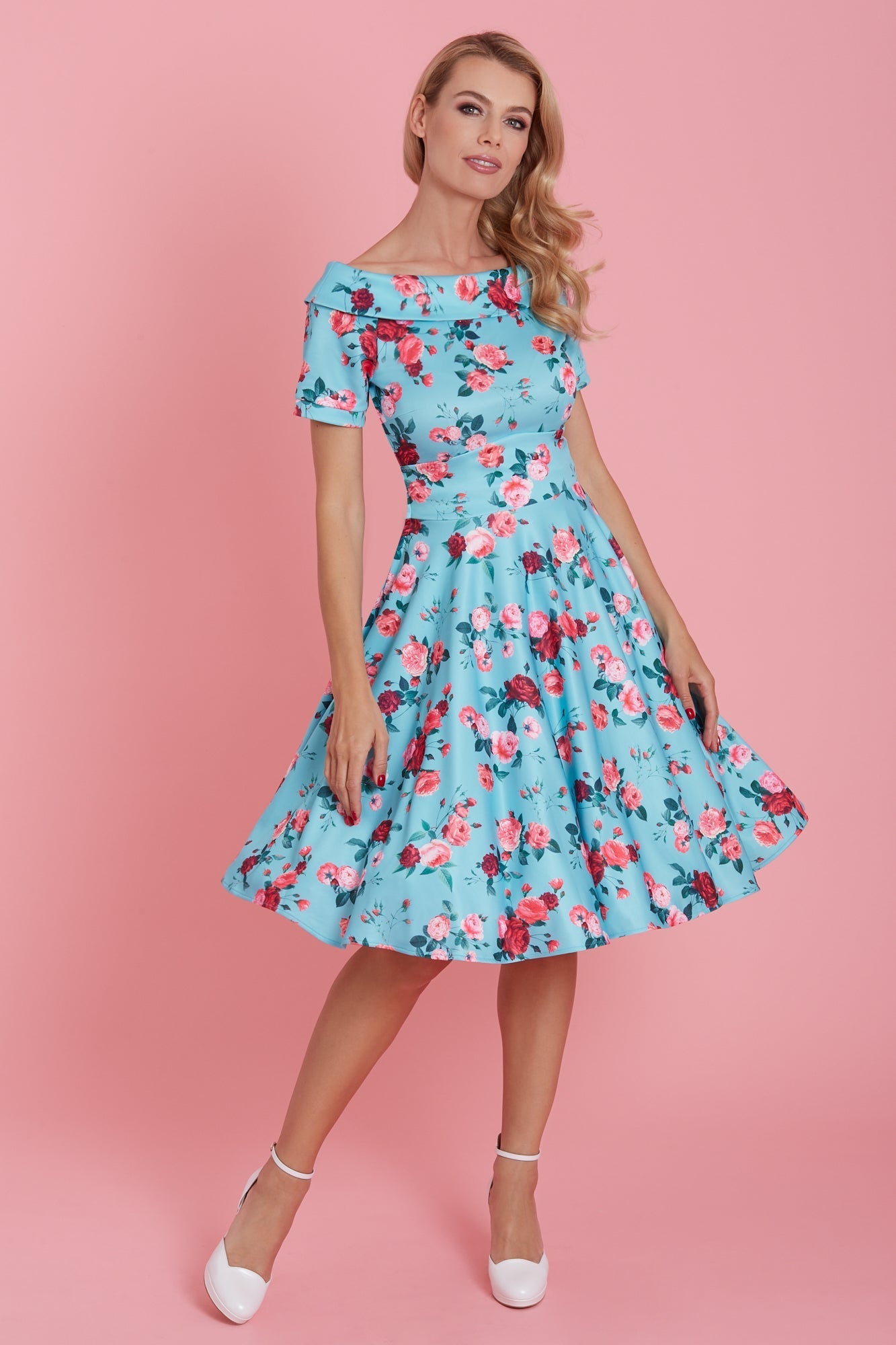Woman's 50s Style Rose Floral Off Shoulder Swing Dress in Aqua Blue