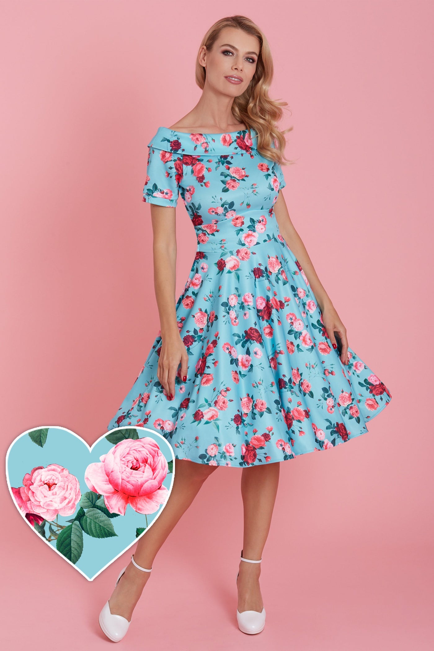Woman's 50s Style Rose Floral Off Shoulder Swing Dress in Aqua Blue