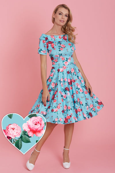 Woman's 50s Style Rose Floral Off Shoulder Swing Dress in Aqua Blue