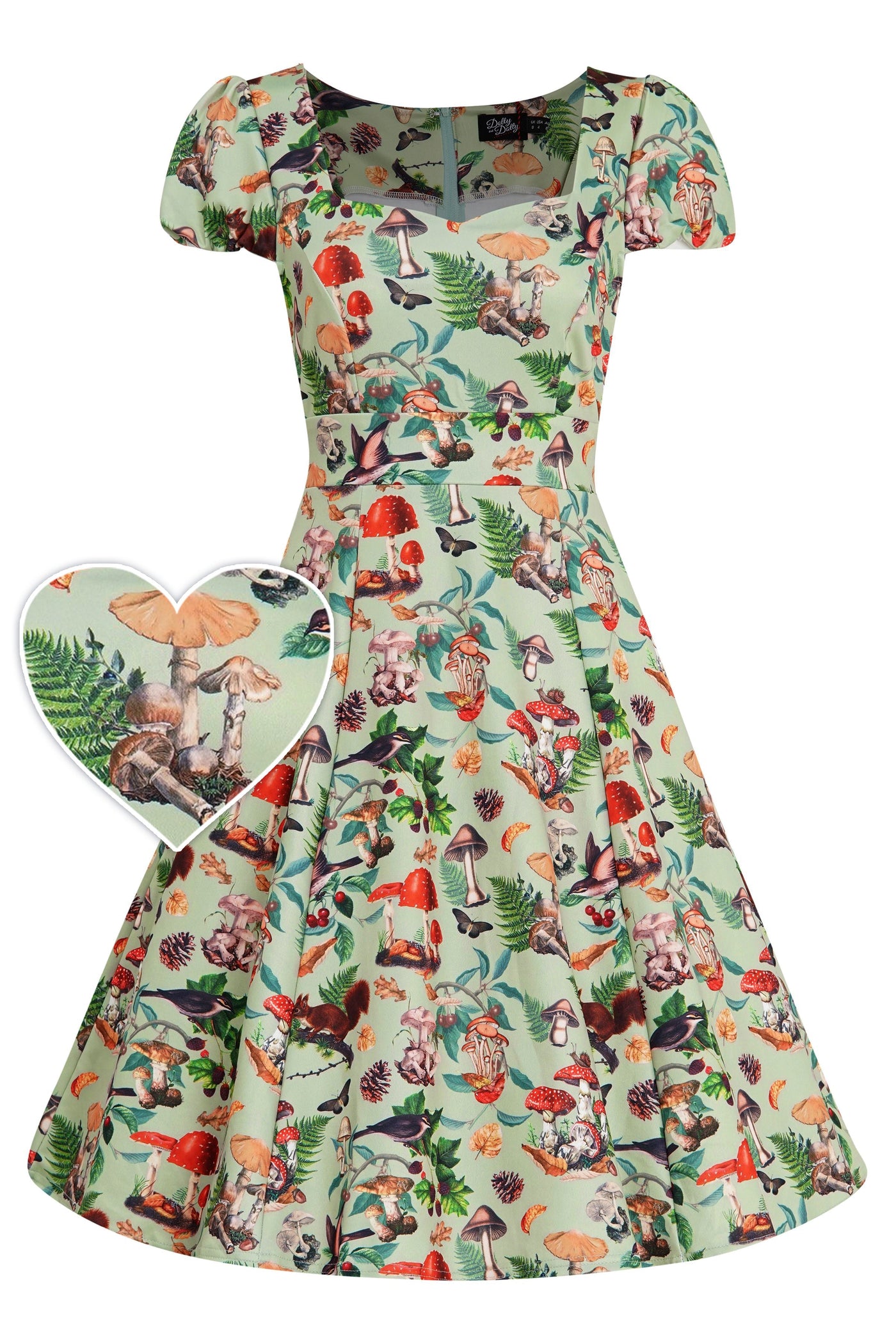 Women's Cap Sleeved Dress in Mushroom, Squirrels Forest Print