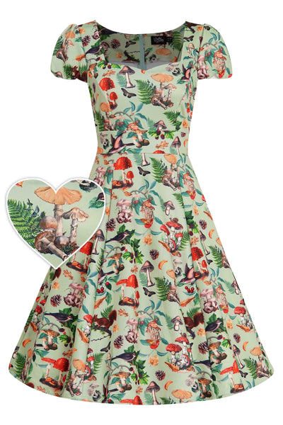 Women's Cap Sleeved Dress in Mushroom, Squirrels Forest Print