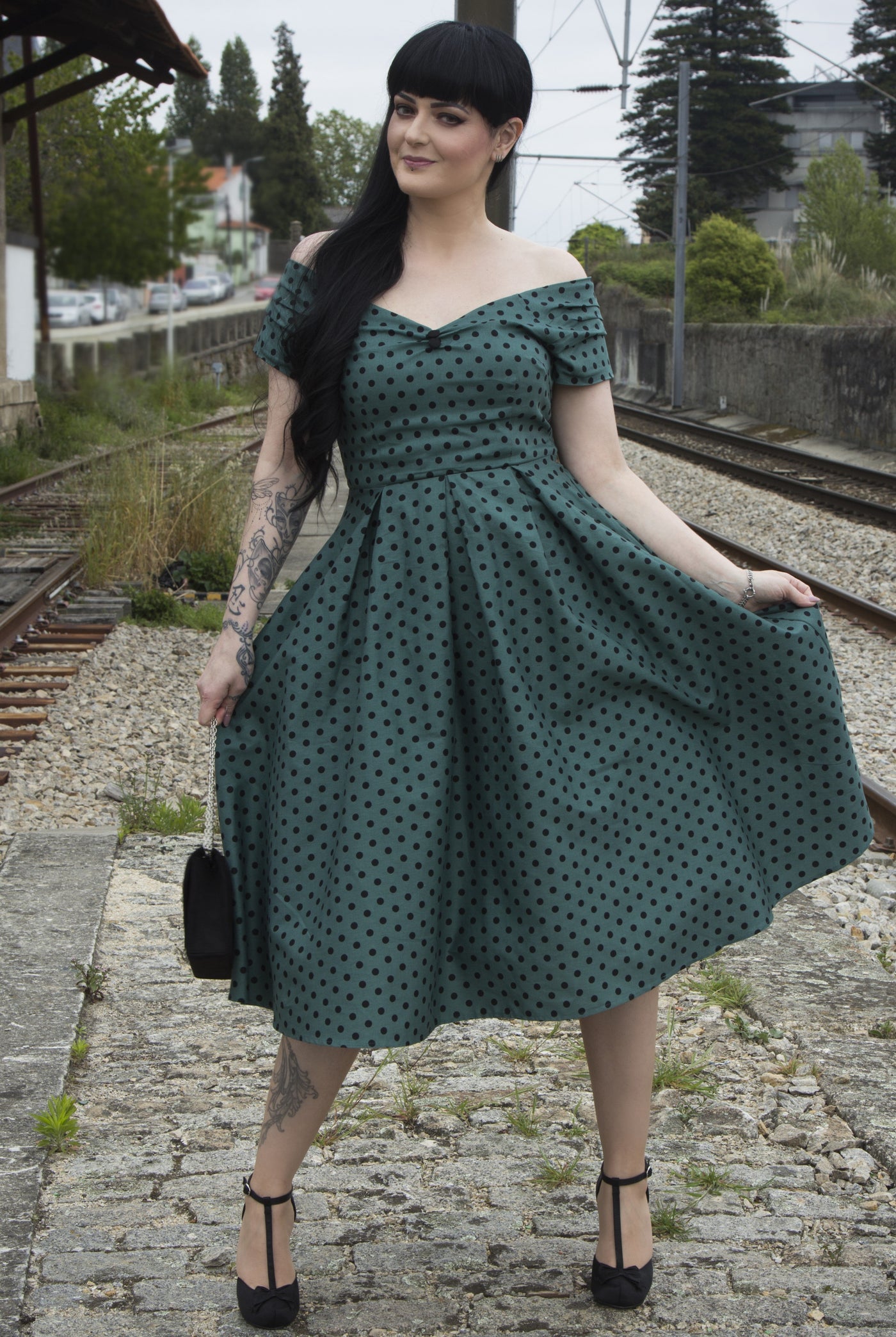 Woman's Dark Green & Black Polka Dot Full Circle Dress