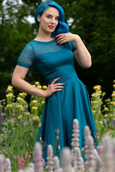 PRE ORDER Tess Lace Embroidered Sleeved Dress in Peacock Blue