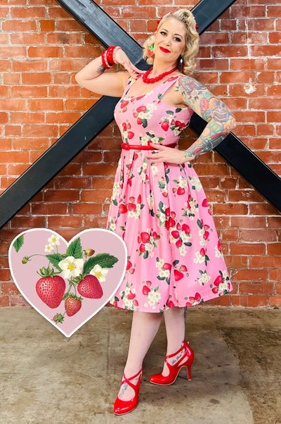 PRE-ORDER Amanda Vintage Inspired Pink Strawberry Print Swing Dress