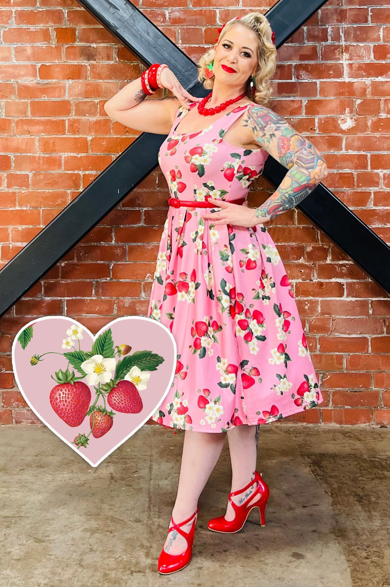 PRE-ORDER Amanda Vintage Inspired Pink Strawberry Print Swing Dress
