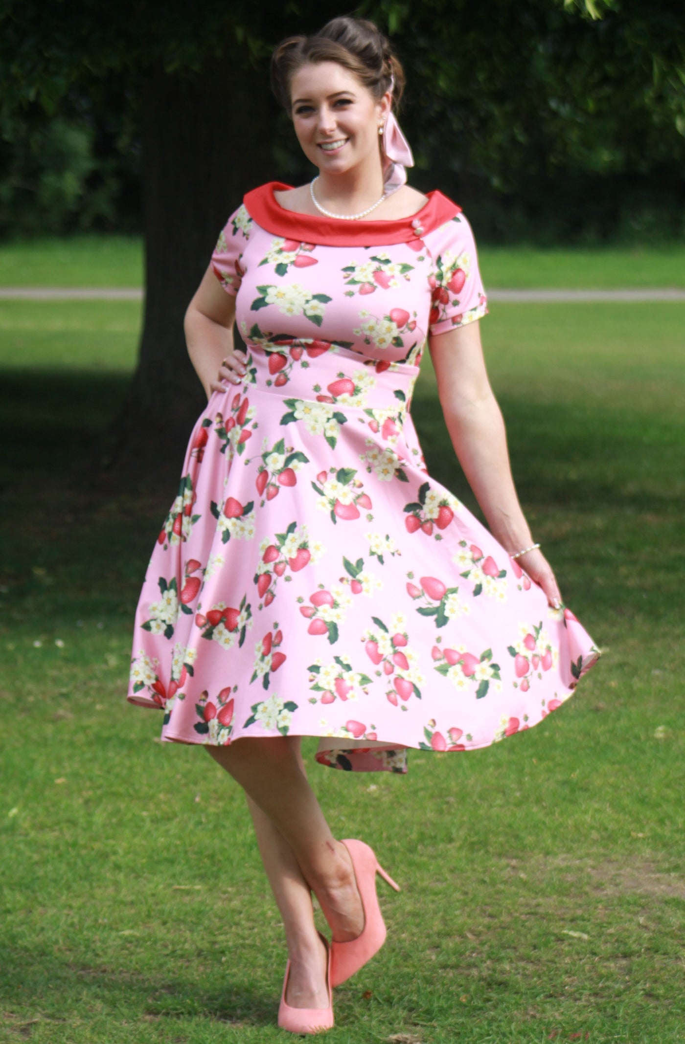 Woman's Pink Strawberry Flared Dress