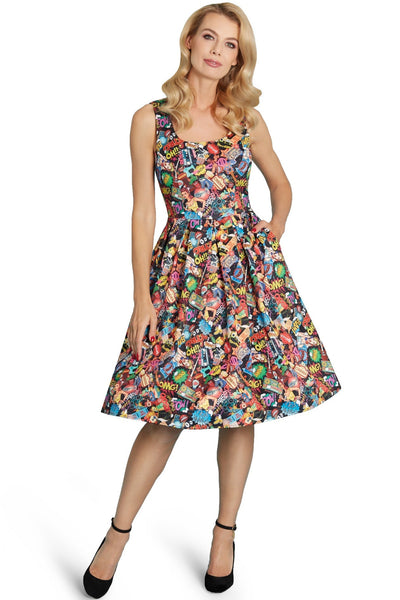 Amanda Scoop Neck Swing Dress in Black Comic Print