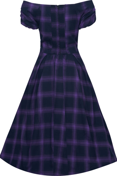 EU STOCK Lily White Tartan Off Shoulder Dress In Purple