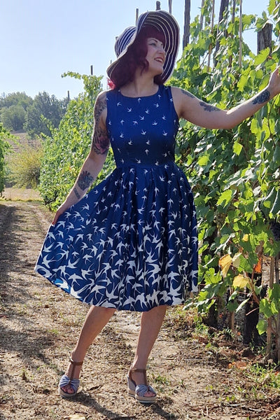 Women's Blue Swing Dress with Raising Swallow Birds