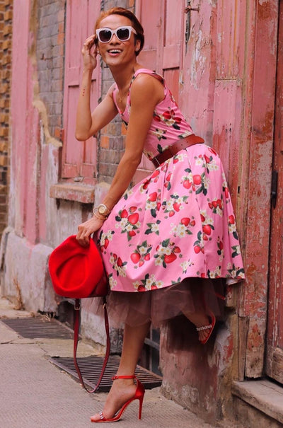 PRE-ORDER Amanda Vintage Inspired Pink Strawberry Print Swing Dress