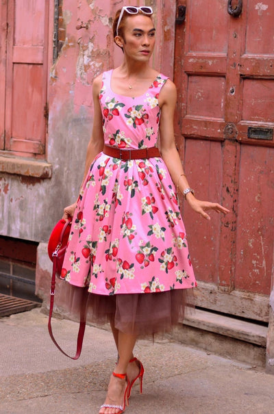 PRE-ORDER Amanda Vintage Inspired Pink Strawberry Print Swing Dress