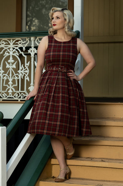 PRE ORDER Annie Retro Burgundy Tartan Swing Dress