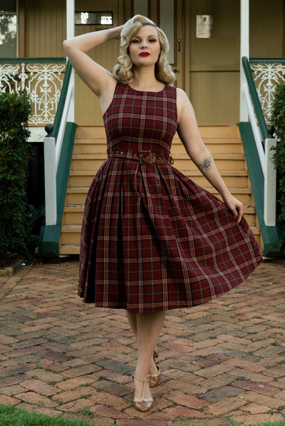 PRE ORDER Annie Retro Burgundy Tartan Swing Dress