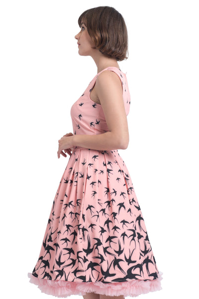 EU STOCK Annie Swing Dress in Pink & Black Raising Swallow Birds