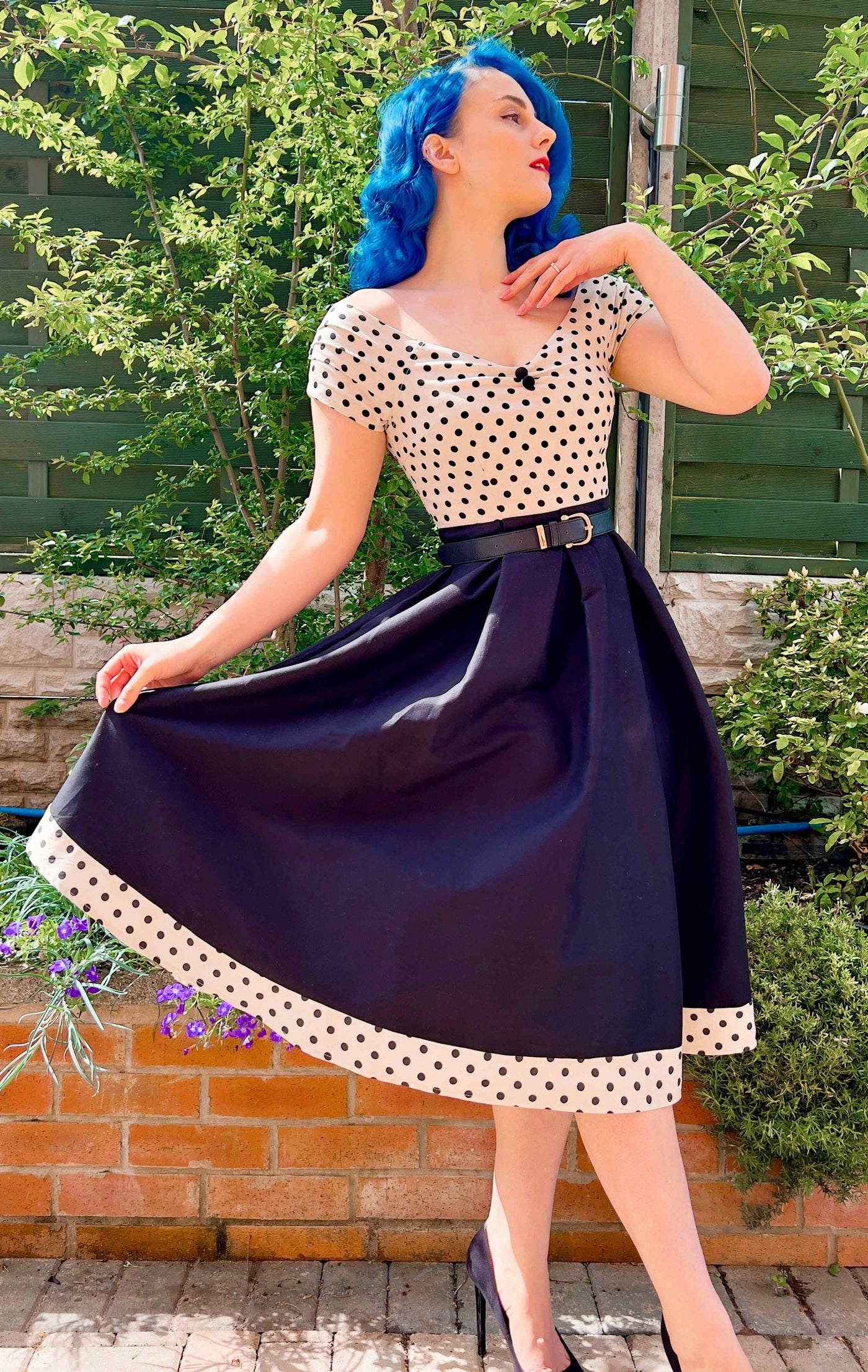 EU STOCK Lily Off Shoulder Cream Polka Dot Swing Dress