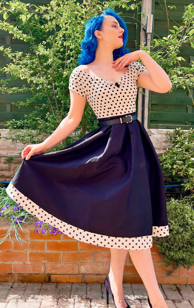 EU STOCK Lily Off Shoulder Cream Polka Dot Swing Dress