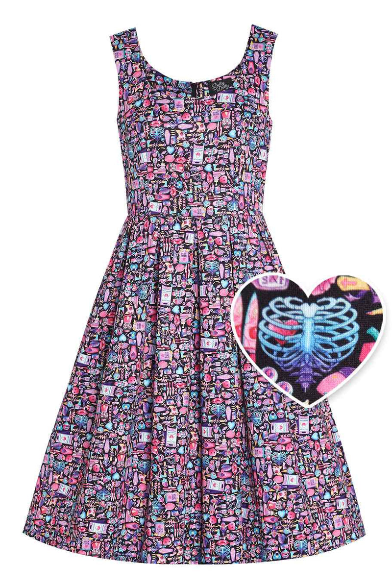 Amanda Multicolor 90s Goth Print Scoop Neck Swing Dress