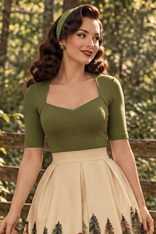Anne Olive Green Elbow-Sleeve Top