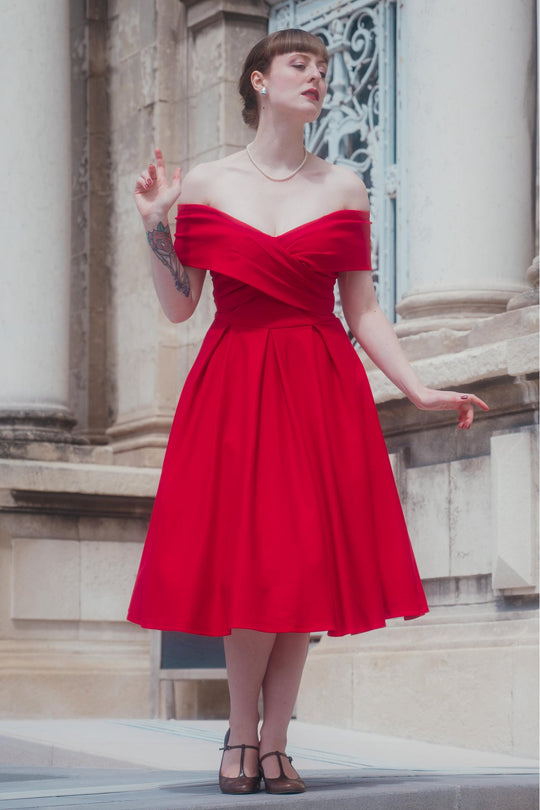Beverly Red Midi Cross-Over Off-Shoulder Dress