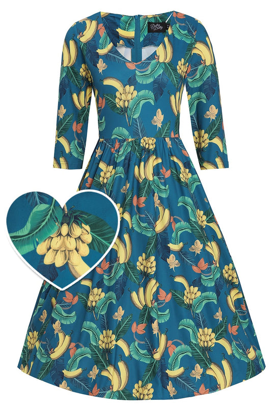 Billie Banana Print Flared Dress in Peacock Blue