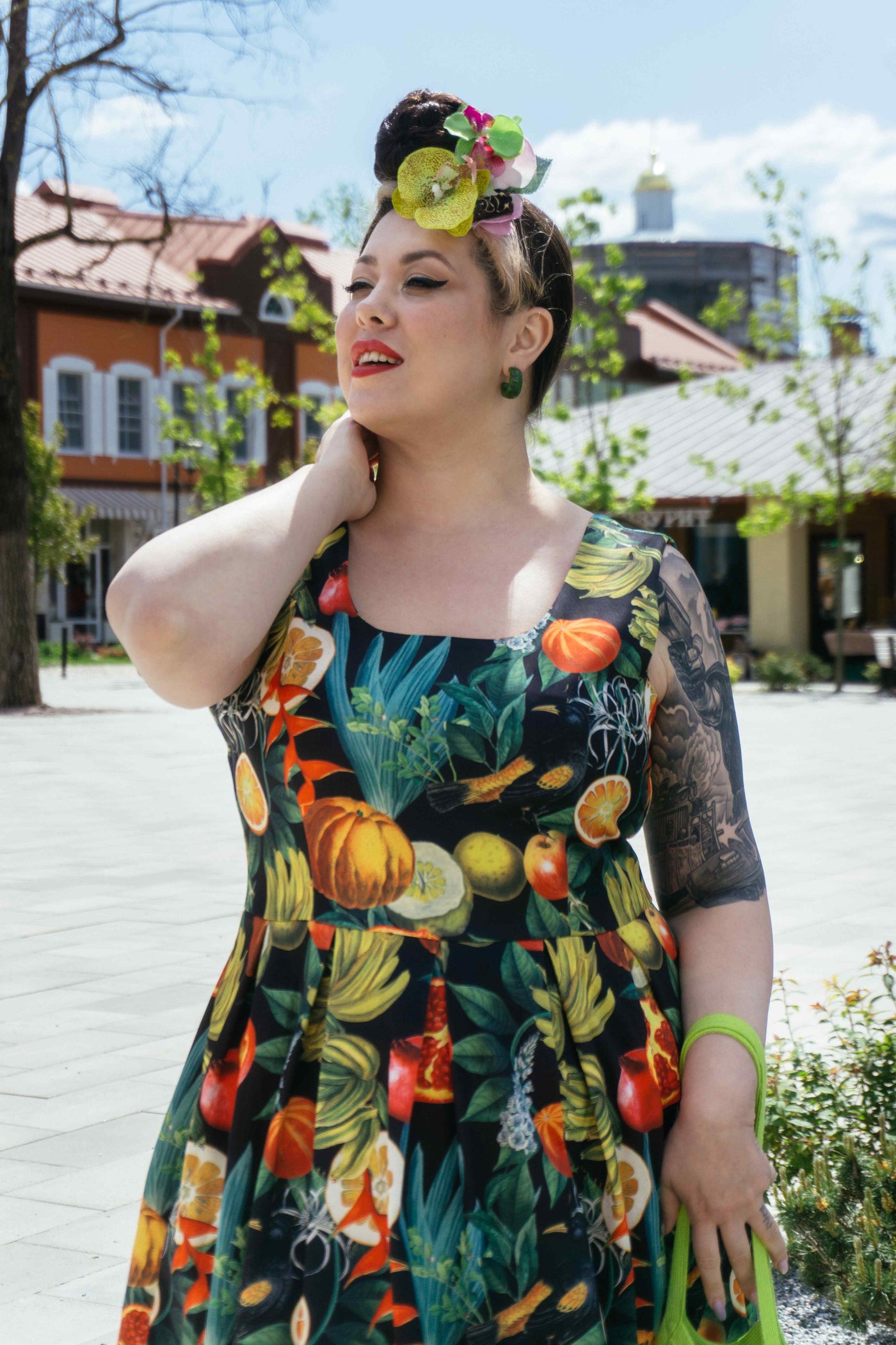 Amanda Tropical Summer Fruit Print Swing Dress