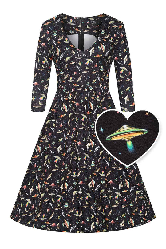 Front view of Black UFO Spaceship Alien Flared Dress