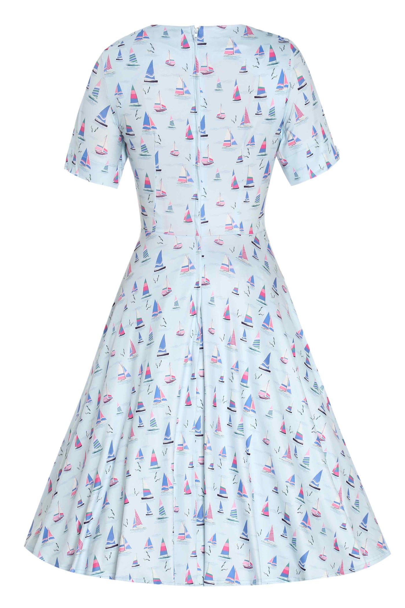 Back View of Blue A-line Dress with Sailboat Prints