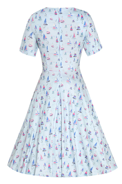Back View of Blue A-line Dress with Sailboat Prints