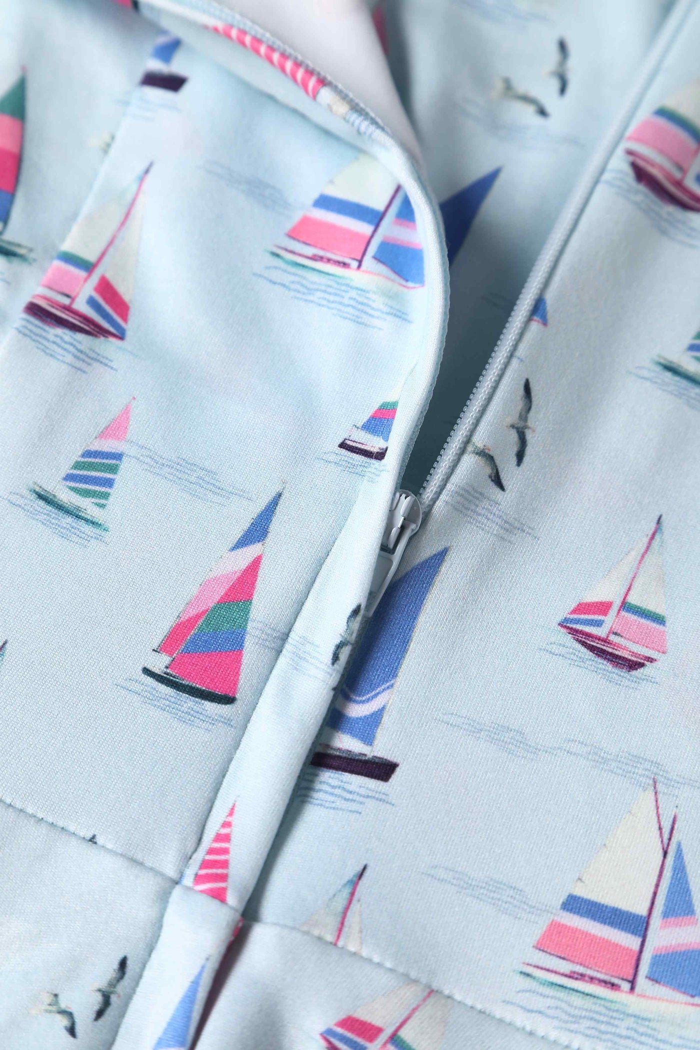 Close up View of Blue A-line Dress with Sailboat Prints