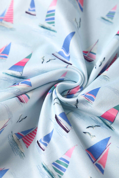 Close up View of Blue A-line Dress with Sailboat Prints
