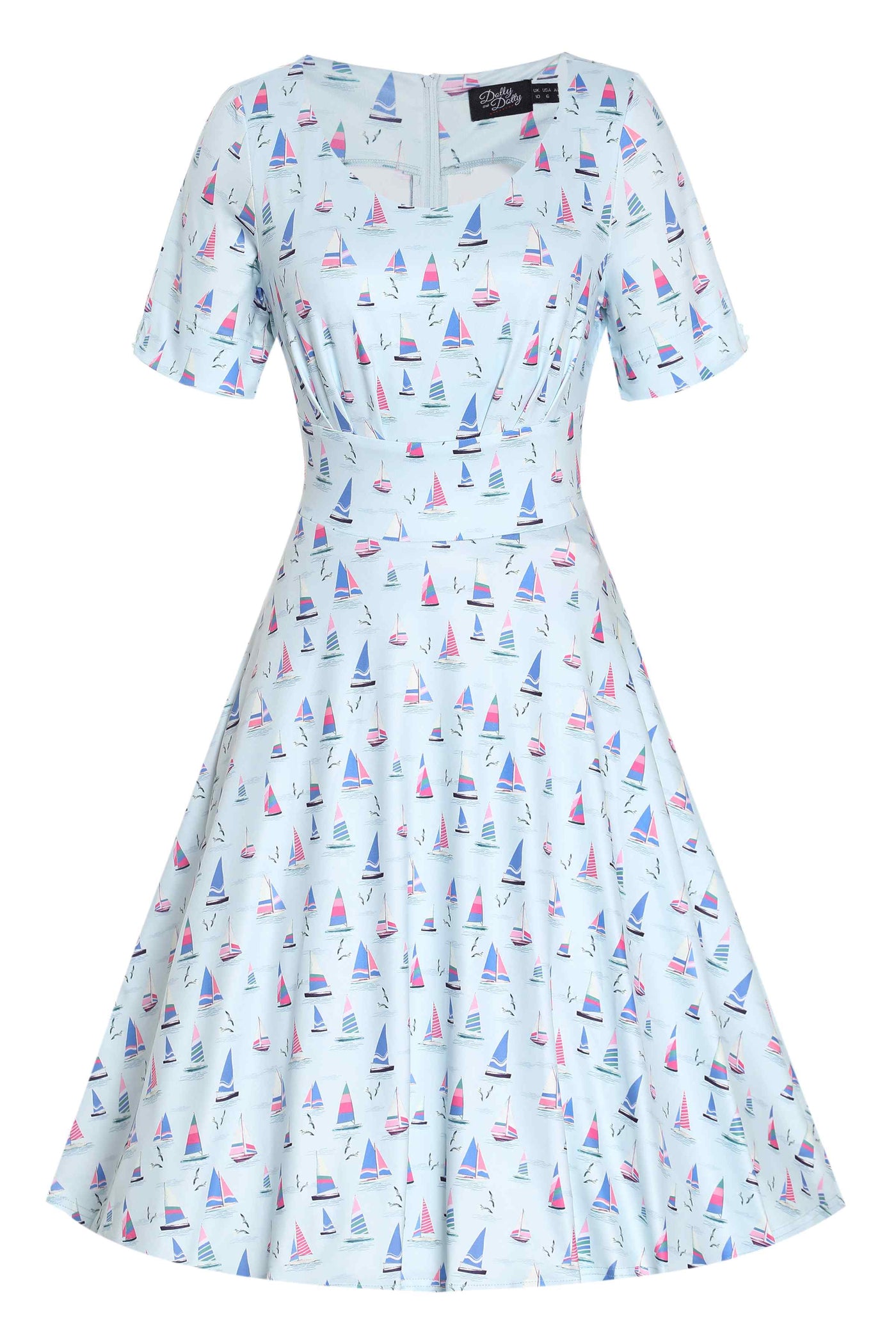 Front View of Blue A-line Dress with Sailboat Prints