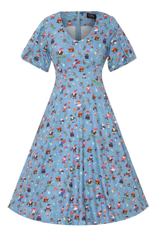 Front view of Petal Sleeved Tea Dress in Garden Gnome Print