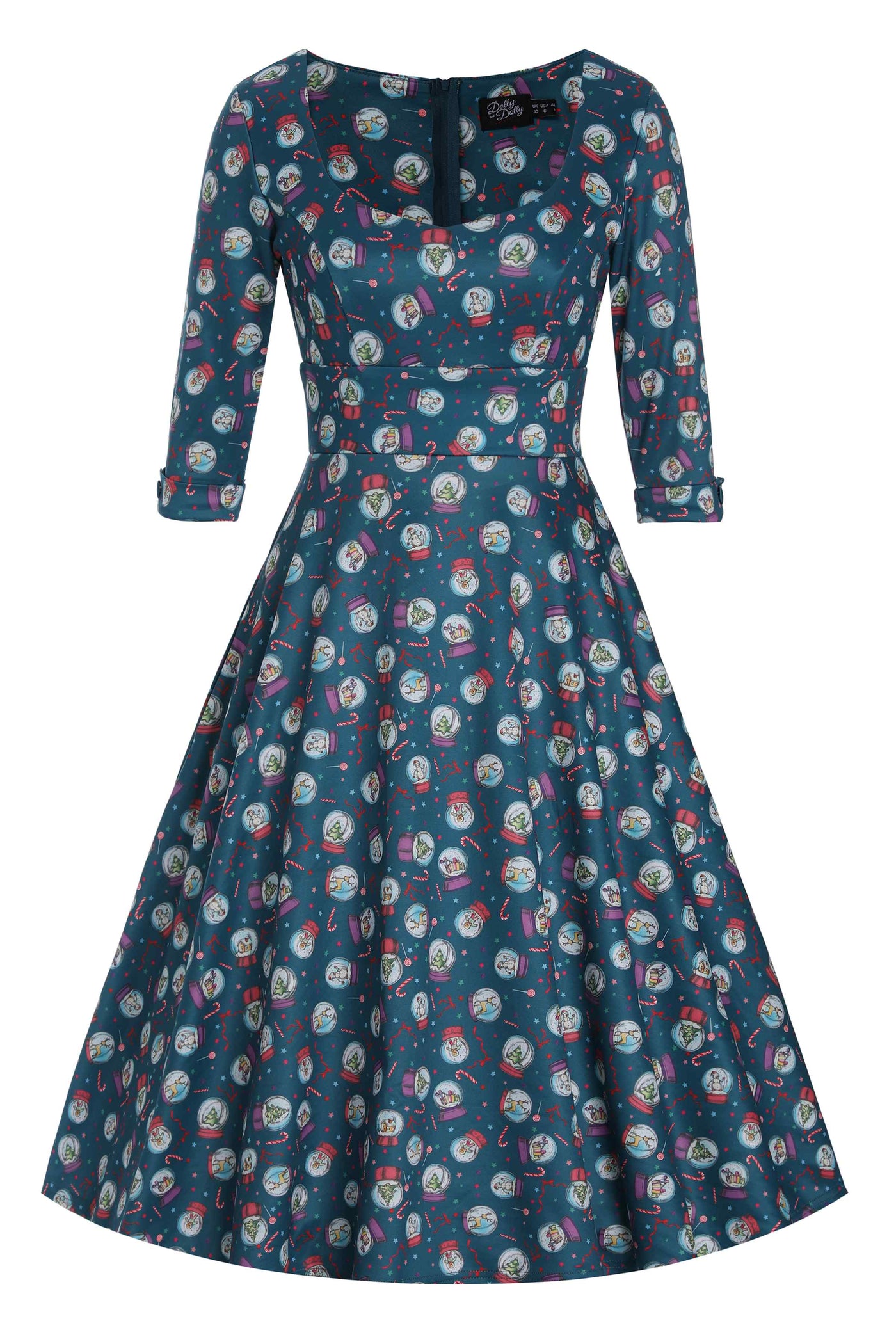 Scarlette Long-Sleeved Stretchy Blue Dress with Snow globe Print