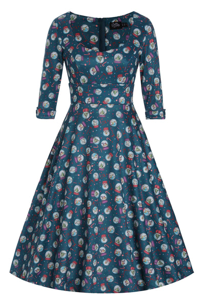 Scarlette Long-Sleeved Stretchy Blue Dress with Snow globe Print