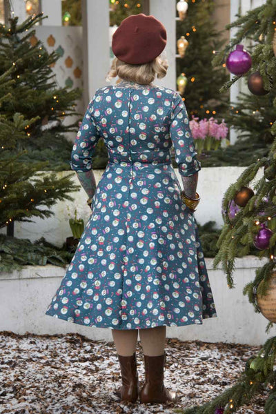 Scarlette Long-Sleeved Stretchy Blue Dress with Snow globe Print