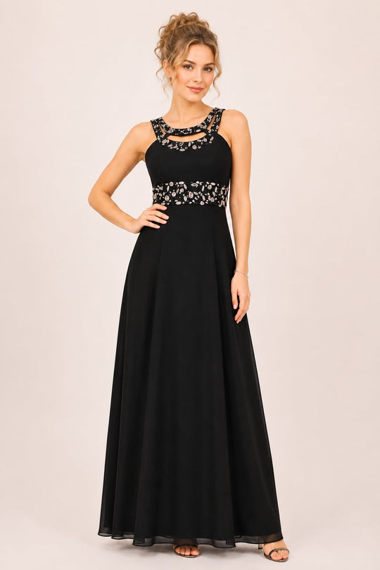 Cassandra Black Embellished Waist Evening Dress