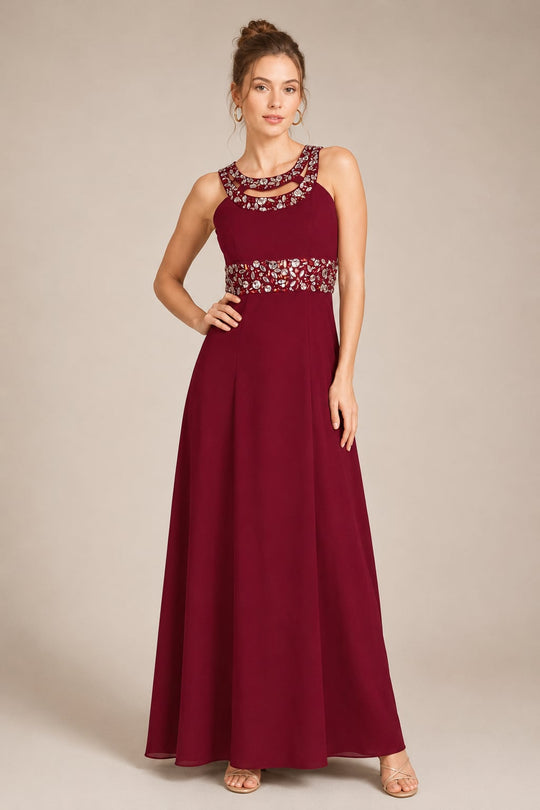 Cassandra Burgundy Embellished Waist Evening Dress
