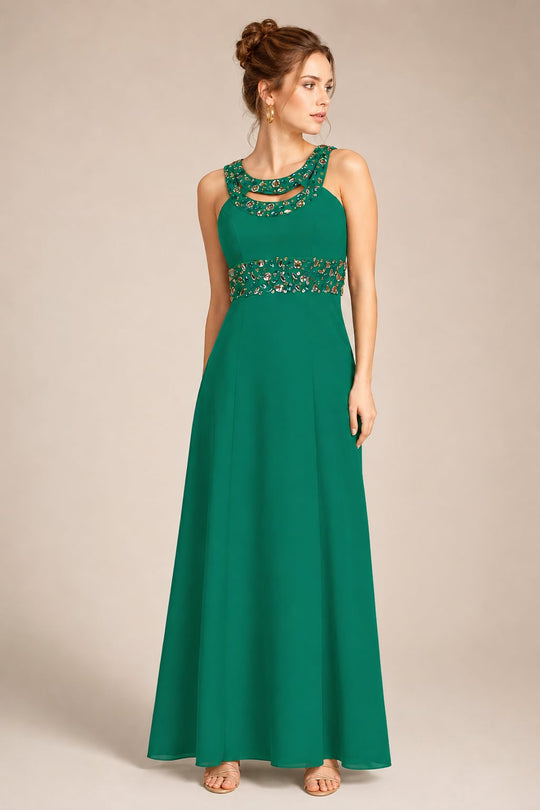 Cassandra Green Embellished Waist Evening Dress