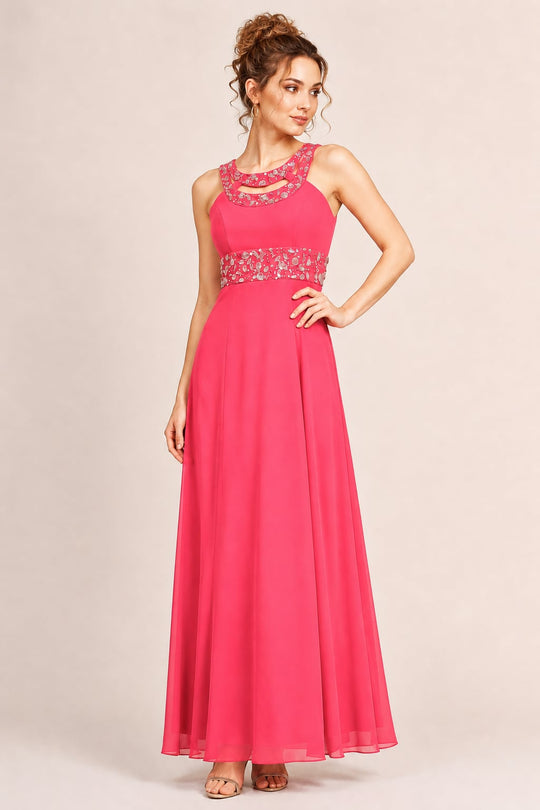 Cassandra Hot Pink Embellished Waist Evening Dress