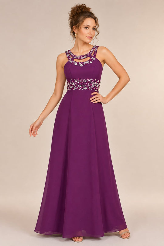 Cassandra Plum Embellished Waist Evening Dress